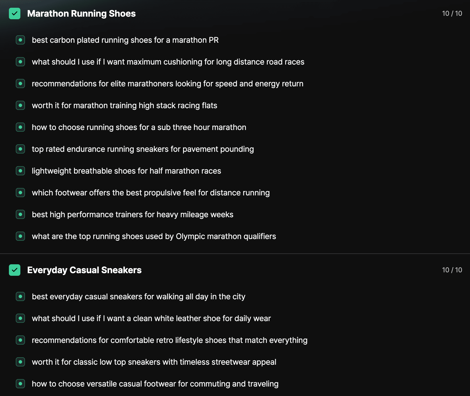 Vercite prompt tags grouping prompts into topics, showing Marathon Running Shoes and Everyday Casual Sneakers, each with ten generated prompts.